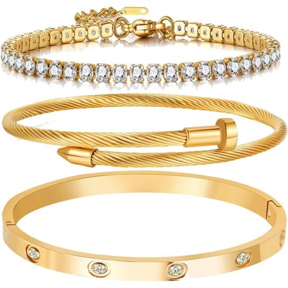 18 K Gold Plated Love Bangle Bracelet Set Flexible Wide Wristband Bangle - Picture 1 of 7